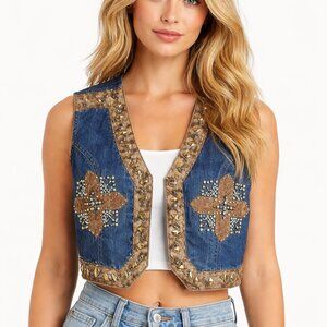 Western Cropped Studded Vest Size Medium Cross Blue Sleeveless Cowgirl Rodeo